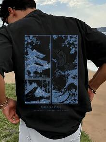 Print zeigt einen majest?tischen Kranich der sich über Wellen erhebt neben Pagode und Bergsymbol für Mut und Zielstrebigkeit Herren Tshirt Casual Baumwolle Rundhals - Schwarz - Übersicht 4