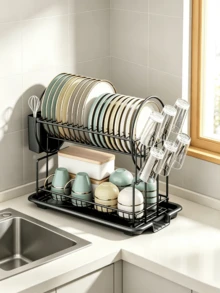 2-Tier Metal Dish Drying Rack With Drain Tray - Kitchen Counter Storage Organizer, Can Hold Plates, Knives, Cups And Cutting Boards, Space Saving, Fast Draining, Smooth Water Flow, Large Capacity Drying Rack, Suitable For Kitchen Countertop Use - Multicolor - View 5