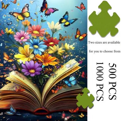 500/1000 Pieces Puzzle For Adults - Open Book Butterfly Flower Jigsaw, Bright Floral Print, Thanksgiving Christmas Family Gift, Paper Puzzle