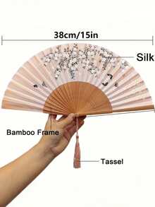 1 pièce Éventail pliant classique, motif de fleurs de cerisier, éventail pliant en bambou tissé à la main avec pompon vintage - Cadeau élégant pour femmes, cadeau de mariage, éventail à main traditionnel chinois, convient pour le printemps et l'été, décoration de mariage et décoration intérieure - Multicolore - Voir 9