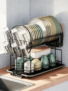 2-Tier Metal Dish Drying Rack With Drain Tray - Kitchen Counter Storage Organizer, Can Hold Plates, Knives, Cups And Cutting Boards, Space Saving, Fast Draining, Smooth Water Flow, Large Capacity Drying Rack, Suitable For Kitchen Countertop Use - Multicolor - View 9