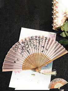 1 pièce Éventail pliant classique, motif de fleurs de cerisier, éventail pliant en bambou tissé à la main avec pompon vintage - Cadeau élégant pour femmes, cadeau de mariage, éventail à main traditionnel chinois, convient pour le printemps et l'été, décoration de mariage et décoration intérieure - Multicolore - Voir 6