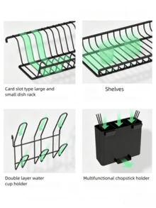 2-Tier Metal Dish Drying Rack With Drain Tray - Kitchen Counter Storage Organizer, Can Hold Plates, Knives, Cups And Cutting Boards, Space Saving, Fast Draining, Smooth Water Flow, Large Capacity Drying Rack, Suitable For Kitchen Countertop Use - Multicolor - View 8