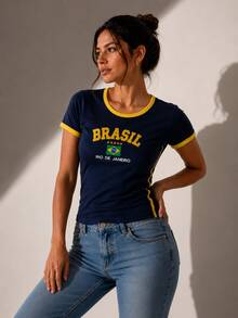 Women's Brazil Y2K Shirt – Long Baby Look - Navy Blue - View 2
