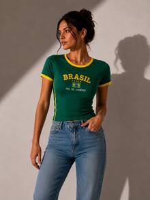 Women's Brazil Y2K Shirt – Long Baby Look - Hijau - View 2