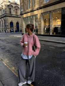 Sweater Rajut Lembut dan Halus Leher Bulat Warna Pink untuk Wanita, Gaya Santai yang Lembut, Atasan Pullover Santai Musim Gugur/Dingin - Berwarna merah muda - View 4