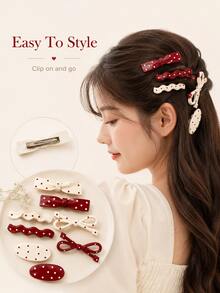 2pcs Women's Cute Polka Dot Bow Duckbill Hair Clips, Suitable For School, Commuting, Party And Multiple Occasions, Front Hair/Side Bangs Clip, Ancola Red/Milk White Multi-Style Polka Dot Ins Influencer Hair Accessory, 6cm Portable Size, Secure Grip, Versatile Daily Hair Clip (Suitable For Fixing Bangs Or Forehead), Claw Clip Style, Ideal Choice For Women's Hair Accessories - Random Color/style - View 2