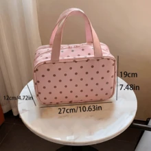 1 pieza Bolsa de maquillaje de PU con lunares 2026 nueva, organizador de cosméticos de viaje de 3 capas de gran capacidad, con bolsillos de malla multicapa, bolsa de aseo portátil para equipaje colgante, con asa resistente, adecuada para mujeres - lunares - Ver 3
