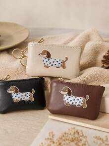 Portofel moale și drăguț în formă de câine Dachshund cu breloc, buzunar mini cu fermoar, suport pentru carduri cu model adorabil de câine alb cu pete, portofel compact și portabil pentru utilizare zilnică și cadouri - Multicolor - Vizualizare 2