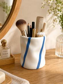 Asymmetrical Pleated Makeup Brush Holder Vertical Striped Cosmetic Storage Cup Red Blue Black Stripes Vintage Farmhouse Style Vanity Desktop Cute Decor Gift - Striped Corrugated Storage - View 12