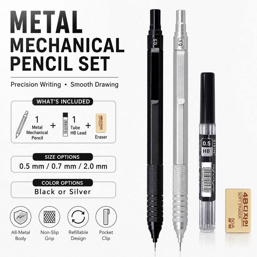 Set Pensil Mekanik Logam, Kit Pensil Gambar 0.5mm/0.7mm/2.0mm, Set Pensil Tulis Presisi dengan Pegangan Anti-Selip untuk Sekolah, Kantor, Menggambar & Penggunaan Teknik