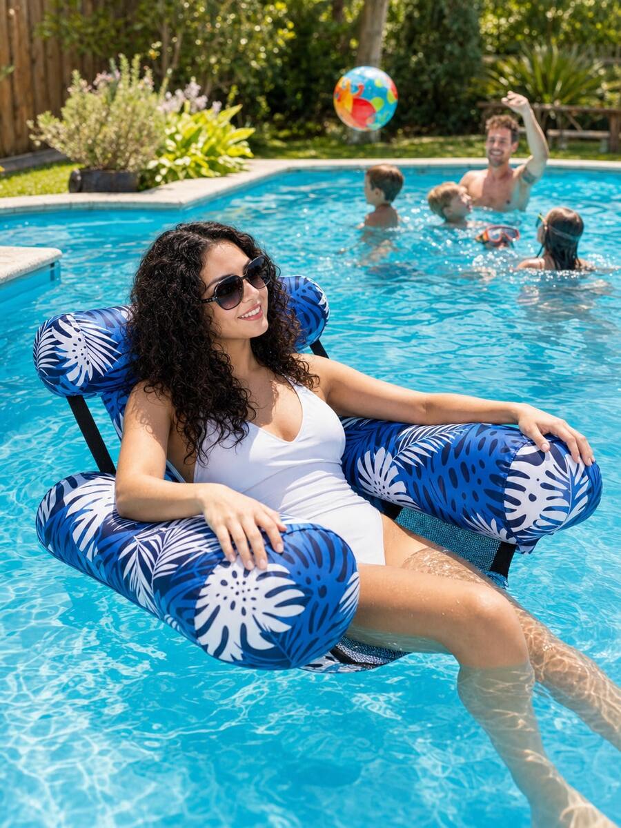 Floating Pool Lounge Chair, Adult Inflatable Pool Hammock Chair, Floating Pool Bed Chair, Blue Floral Pattern Floating Pool Sofa, Suitable For Summer Pool Party, Inflatable Pool, Garden, Inflatable Pool Float, Travel Essential, Beach Accessory - Multicolor 1 - View 1