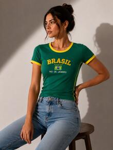 Women's Brazil Y2K Shirt – Long Baby Look - Hijau - View 4