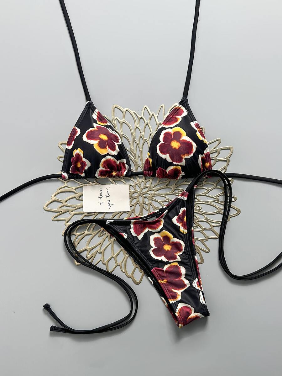 Lucky Girl 夏季新款春夏女款海灘度假黑色鋼珠繫帶兩件式泳衣套裝 - 黑底紅花 - 查看 1