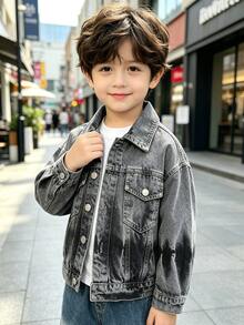 Boys' Loose Fit Denim Jacket, Autumn Style, Suitable For Daily Wear, Back To School, Outdoor Activities - Grey - View 5