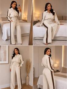 Women's Two-Piece Set: Long-Sleeved Jacket And Wide-Leg Pants - 米色帶棕色條紋 - 查看 2