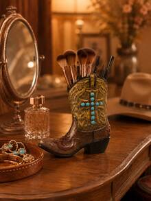 1pc Western Cowboy Boot Makeup Brush Holder, Vintage Cowboy Boot Vase & Cosmetic Storage Box, Multi-Functional Pen Holder Desktop Organizer, Vanity Storage Rack, Country Farm Style Western Bedroom Bathroom Decor, Gift For Women - New Style - View 6