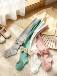 4 Pairs Girls Plush Bow Solid Color Tights, Soft High Elastic Full Foot Leggings, Versatile Everyday Leggings For Girls - Multicolor - View 6