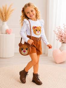 Girls' Outfit Set With Teddy Bear Purse, Short Or Long-Sleeved Blouse, Shorts, And Belt. Summer, Autumn, Winter. Borboletinhas Kids. - 棕色長袖 - 查看 2