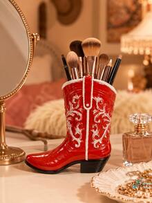 1pc Western Cowboy Boot Makeup Brush Holder, Vintage Cowboy Boot Vase & Cosmetic Storage Box, Multi-Functional Pen Holder Desktop Organizer, Vanity Storage Rack, Country Farm Style Western Bedroom Bathroom Decor, Gift For Women - New Style - View 8