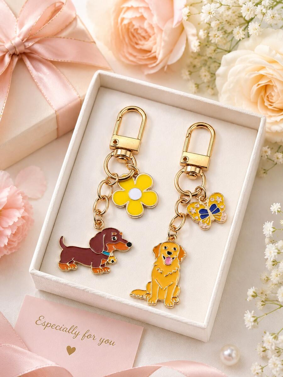 1/2 piezas Llavero colgante lindo de perro & mariposa, 2 estilos disponibles, broche giratorio dorado con esmalte de Dachshund/Golden Retriever, accesorio para bolso/mochila de mujer, anillo de llave de coche/encantador de cremallera de cartera, estilo mascota, decoración para uso diario/escuela/viaje, regalo de cumpleaños/festivo para amantes de los perros - Multicolor - Ver 1