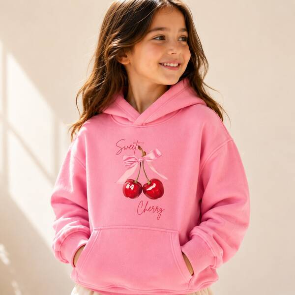 Moletom Infantil Canguru Com Capuz Sweet Cherry Estampa Cereja Casual Blusa De Frio Menina Outono Inverno Confortável