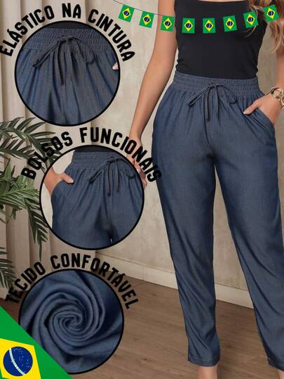 Calça Capri Jeans Tencel Moda Feminina Cintura Alta Tecido Leve