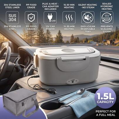 Fiambrera eléctrica de 65 W, 1,5 L, acero inoxidable 304, interior desmontable, calentador de alimentos portátil con bolsa de transporte y cubiertos para coche u oficina.