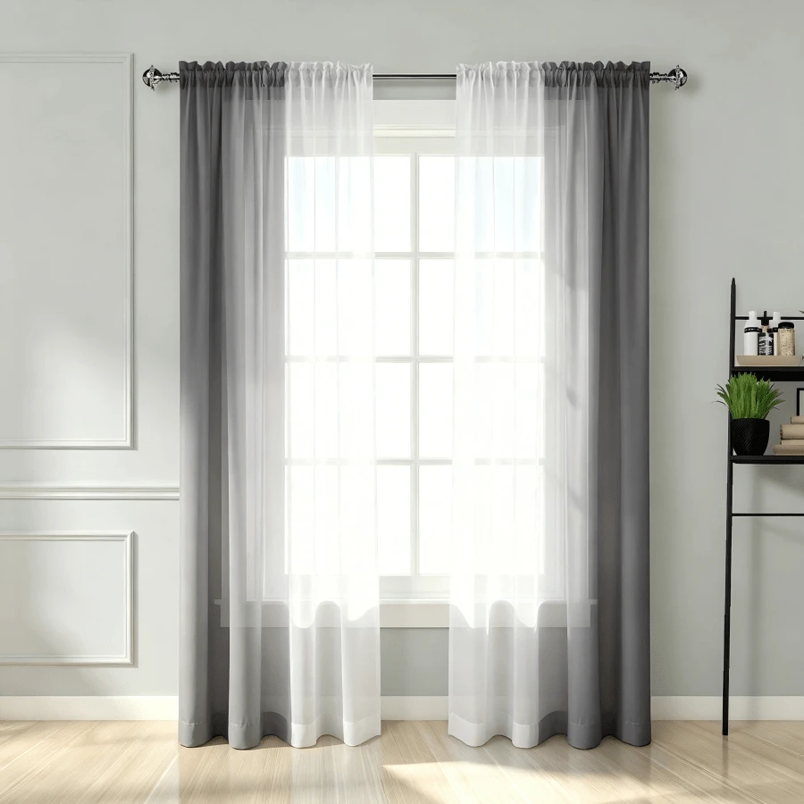 2pcs Grey And White Gradient Sheer Curtains, 2D Flat Print, Grey And White Gradient Design, Polyester Fiber, Translucent, Modern Minimalist Style Rod Pocket Sheer Curtains, Suitable For Living Room, Master Bedroom, Office, Luxury Homestay Home Window Decor - Multicolor - View 1