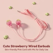 1 Brand New Pink Wired Headset, Available In 2 Colors, Fully Compatible With 3.5MM Full In-Ear DIY Cute Jewelry Crystal Strawberry Wired Headset, With Microphone, High-Definition Call Mobile Phone Headset, Student Headset, Gift - View 7