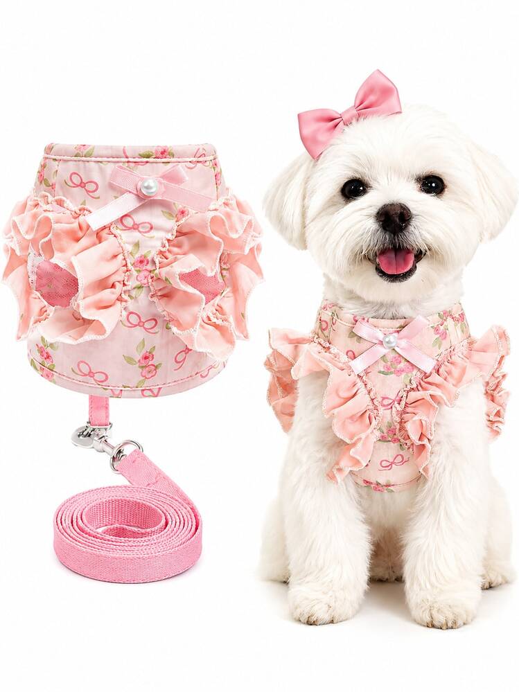 1 Set Rustic Style Dog Leash And Harness Combo | Sweet Floral Mesh Vest With Ruffle Trim | 120cm Tangle-Free Dual-Ended Leash For Small Dogs & Cats | Breathable Japanese Walking Outfit | 1 Piece (2 Colors) - Multicolor - View 16