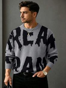 1pc Men's New Autumn/Winter Warm All-Match Knit Pullover Sweater, Loose Fit, Commute, Casual, Versatile Knit Top - Grey - View 2