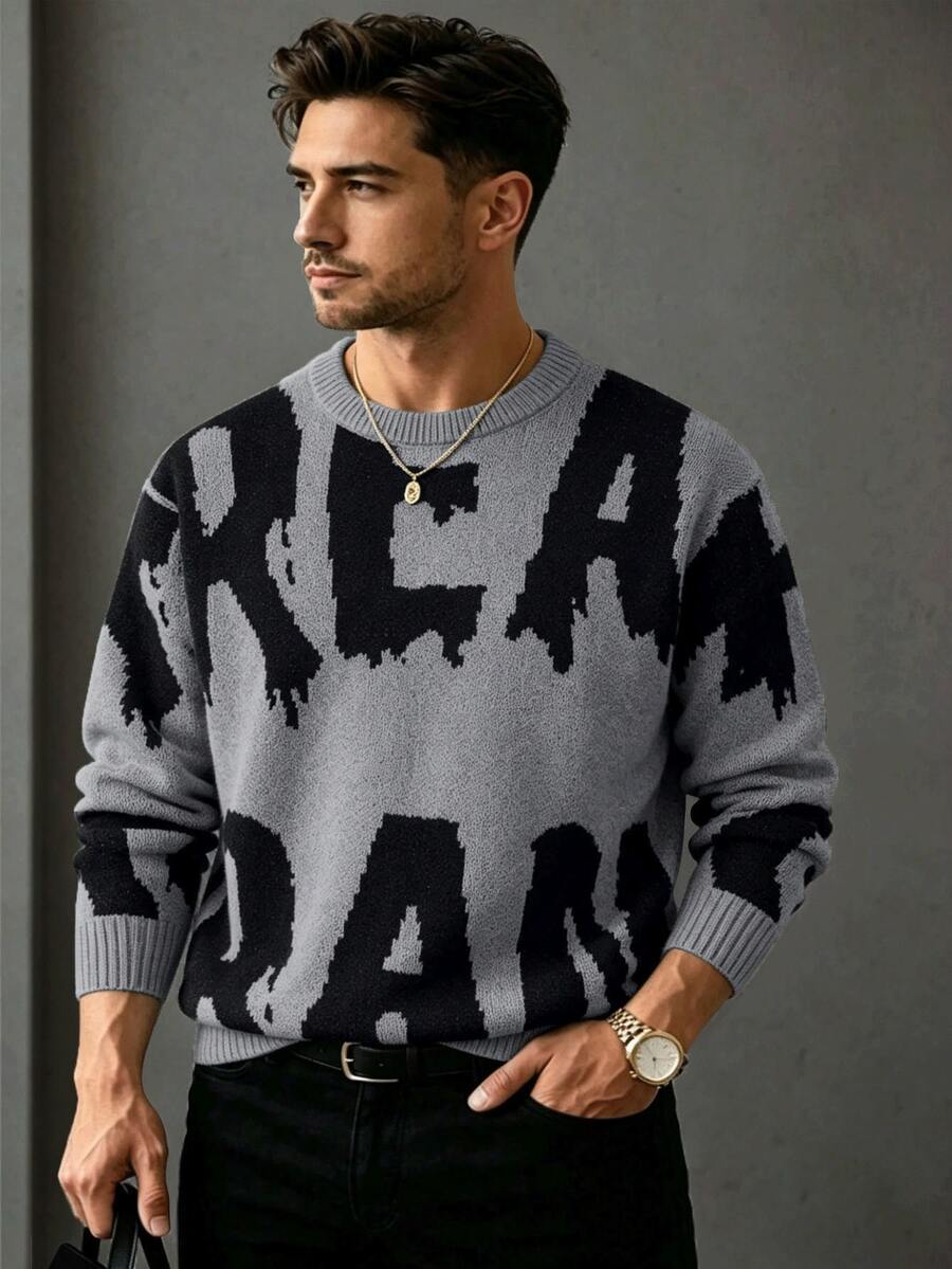 1pc Men's New Autumn/Winter Warm All-Match Knit Pullover Sweater, Loose Fit, Commute, Casual, Versatile Knit Top - Grey - View 1