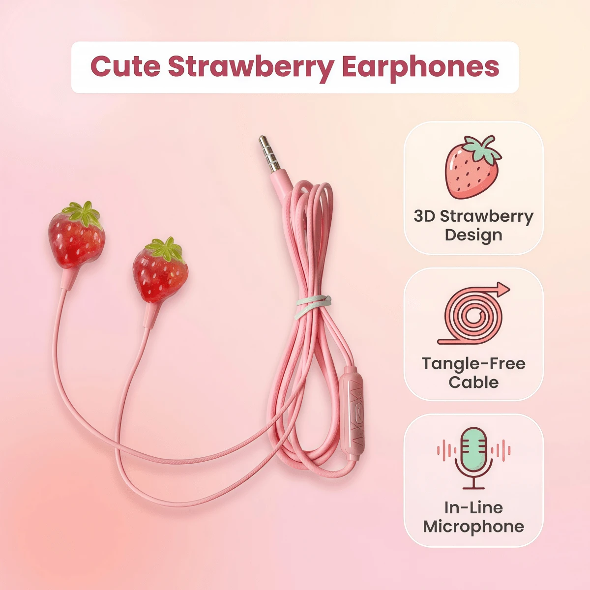 1 Brand New Pink Wired Headset, Available In 2 Colors, Fully Compatible With 3.5MM Full In-Ear DIY Cute Jewelry Crystal Strawberry Wired Headset, With Microphone, High-Definition Call Mobile Phone Headset, Student Headset, Gift - View 1