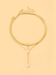 2pcs Rhinestone Choker & Y-Shaped Necklace Set, Smooth Open Metal Choker + Marquise Teardrop Rhinestone Y-Shaped Pendant Necklace, Women's Minimalist Shiny Everyday Layered Collarbone Jewelry - Rhinestones - View 5