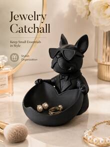 Cool French Bulldog Pen Holder Storage Box With Fashion Glasses, Large Capacity Desktop Pen Cup And Miscellaneous Storage Tray (Suitable For Keys, Coins, Earrings, Rings), Living Room, Entryway, Study Or Office Decorative Ornament, Stable Anti-Tip Design - Multicolor - View 6