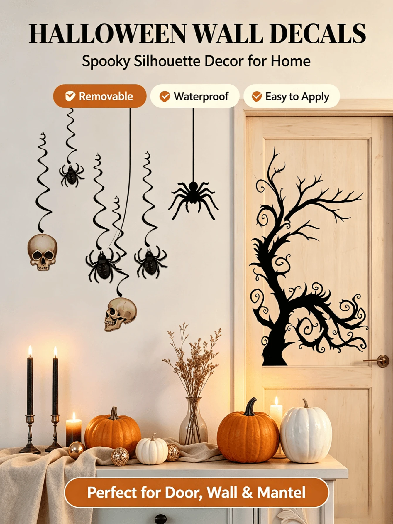 3 Styles Halloween Wall Decals Hanging Skeleton Spider / Multi-Size Hanging Spider / Dark Withered Tree Silhouette Optional PVC Removable Self-Adhesive Suitable For Ceiling Door Frame Wall Corner Glass Escape Room Window Party Atmosphere Holiday Decoration Stickers - Wall Stickers - View 1