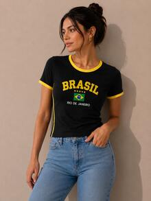 Women's Brazil Y2K Shirt – Long Baby Look - Hitam - View 1