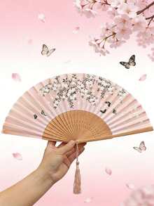 1 pièce Éventail pliant classique, motif de fleurs de cerisier, éventail pliant en bambou tissé à la main avec pompon vintage - Cadeau élégant pour femmes, cadeau de mariage, éventail à main traditionnel chinois, convient pour le printemps et l'été, décoration de mariage et décoration intérieure - Multicolore - Voir 5