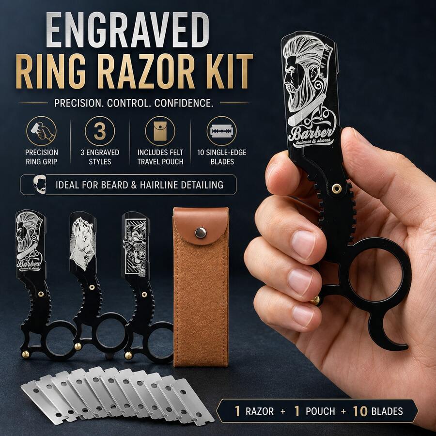Men's Professional Straight Razor, Barber's Standard Straight Blade Razor Set, Close Shaving - Beard Trimmer, Finger Razor, Includes 10 Razor Blades - Safety Tazor + Blade - View 1
