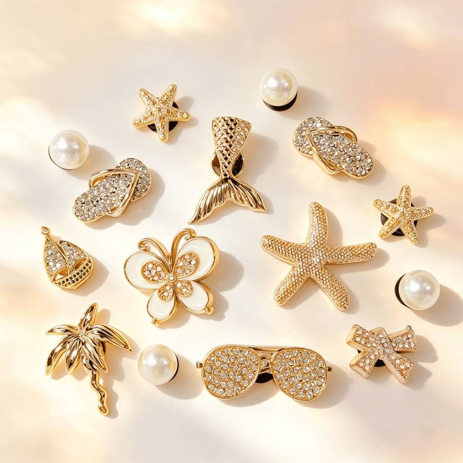 20件米色鞋飾(海星、花朵、貝殼、蝴蝶結)適用於穿孔拖鞋的DIY裝飾配件,完美搭配單品,生日、節日、派對禮物首選 - 金色海洋 - 查看 1