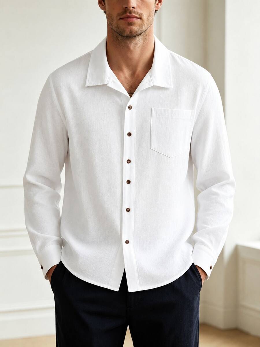 Men's Linen Shirt, Minimalist White Textured Breathable Casual Long Sleeve - White - View 1