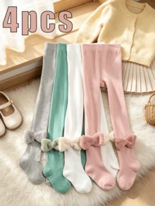 4 Pairs Girls Plush Bow Solid Color Tights, Soft High Elastic Full Foot Leggings, Versatile Everyday Leggings For Girls - Multicolor - View 9