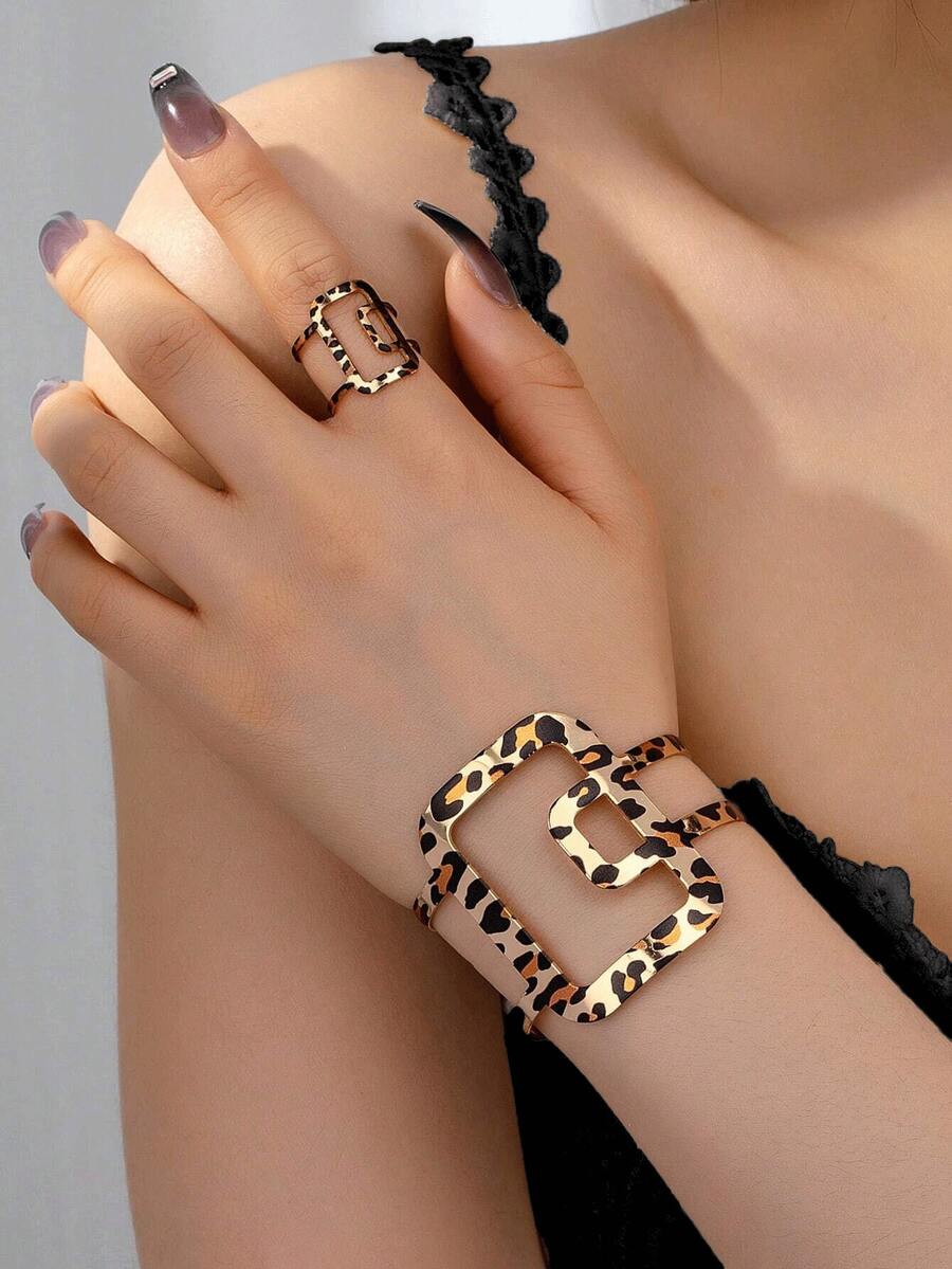 2 piezas Conjunto de pulsera y anillo de moda vintage de lujo, adecuado para el uso diario de las mujeres y como regalo - Multicolor - Ver 1
