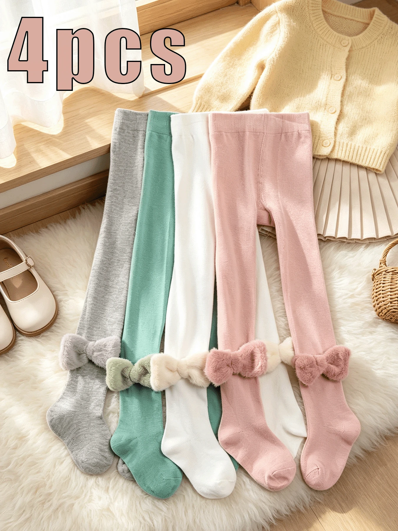 4 Pairs Girls Plush Bow Solid Color Tights, Soft High Elastic Full Foot Leggings, Versatile Everyday Leggings For Girls - Multicolor - View 1