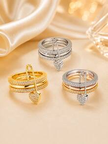 1 pieza Anillo de mujer con diseño único de triple anillo e incrustaciones de circonita cúbica - JZ24069 - Ver 5