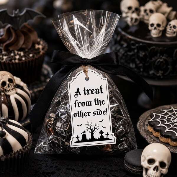 Bedankkaartjes in gotische stijl, zwarte grafsteen kraai vleermuis feestcadeau labels, gotisch thema "Cadeau van de andere kant" cadeaukaartjes met touwtje, Halloween Trick Or Treat feestbenodigdheden