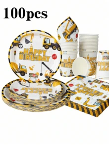 100-Piece Construction-Themed Birthday Party Set, Including 7-Inch And 9-Inch Disposable Paper Plates, Cups, And Napkins Featuring An Excavator Design, Plus Party Decorations And Elegant Dessert Cups. - View 7