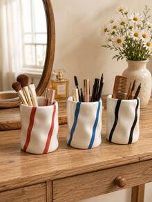 Asymmetrical Pleated Makeup Brush Holder Vertical Striped Cosmetic Storage Cup Red Blue Black Stripes Vintage Farmhouse Style Vanity Desktop Cute Decor Gift - Striped Corrugated Storage - View 10