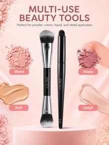 ENERGY 2Pcs Dual Ended Makeup Brush Set, Multi-Use Face & Eye Brushes For Foundation, Concealer, Eyeshadow Blending, Powder, Cream & Liquid Makeup, Soft Synthetic Bristles Beauty Brush Duo - Black - View 7